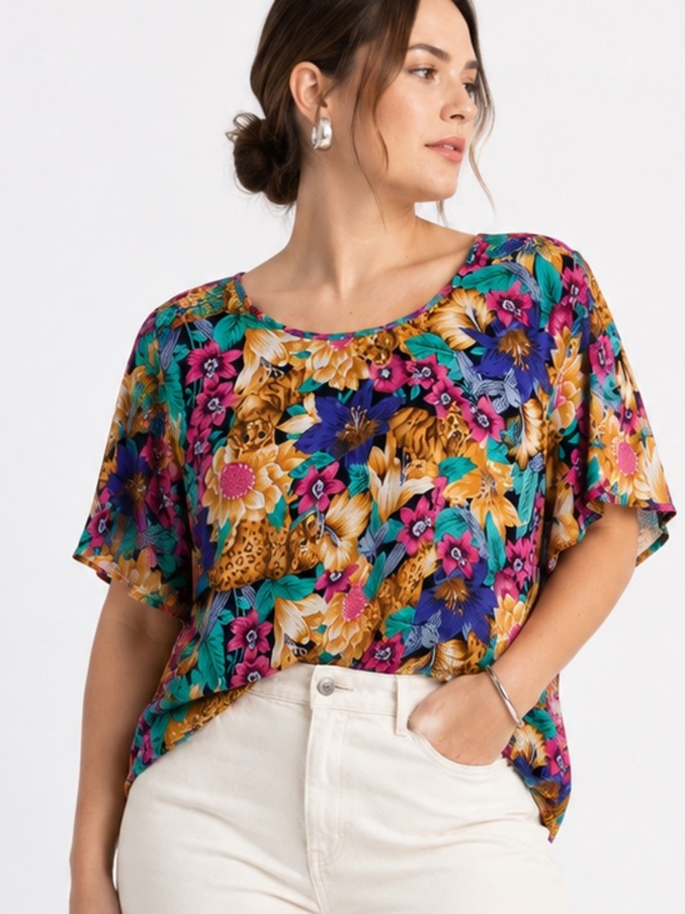 Vintage S.G. Sport Collection Leopard Floral Blouse 2X Made in USA Tropical Art